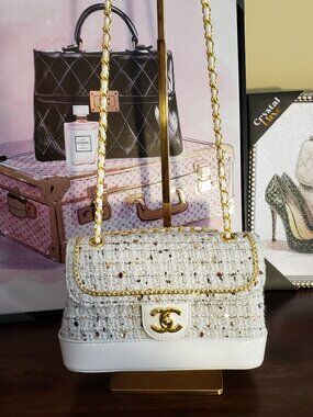 Chanel Tweed Shoulder/ Handbag Bag Gold and White